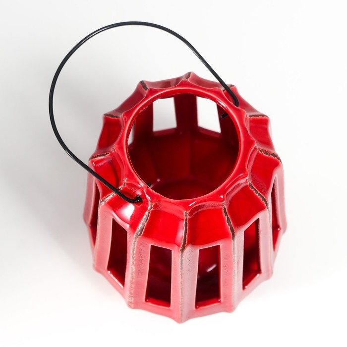 Подсвечник керамика на 1 свечу Подсвечник керамика на 1 свечу "Фонарь с вырезами" тёмно-красный 19х14х14 см