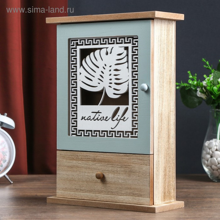 Ключница дерево 6 крючков с ящиком Ключница дерево 6 крючков с ящиком "Пальмовый лист и греческий узор" 29,5х21х8 см