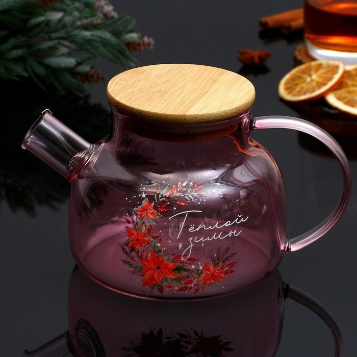 Новый год. Чайник заварочный стеклянный с бамбуковой крышкой «Теплой зимы. Розовая сказка», 800 мл Новый год. Чайник заварочный стеклянный с бамбуковой крышкой «Теплой зимы. Розовая сказка», 800 мл