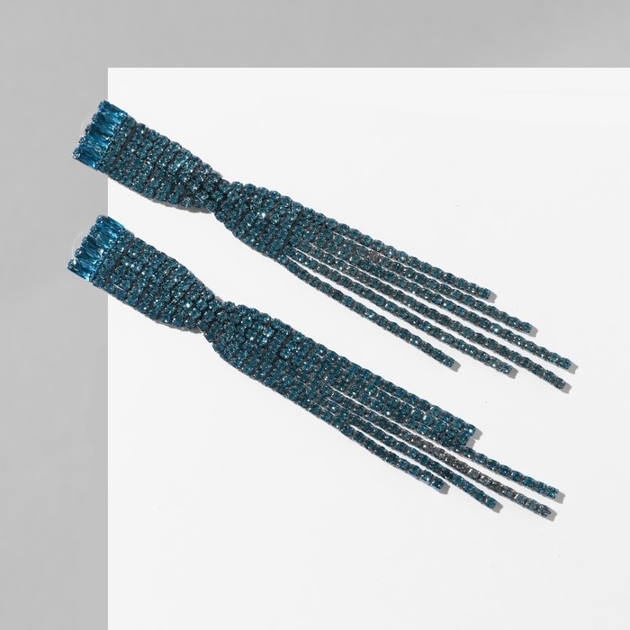 Серьги висячие со стразами «Водопад» вращение, цвет голубой в серебре,10 см