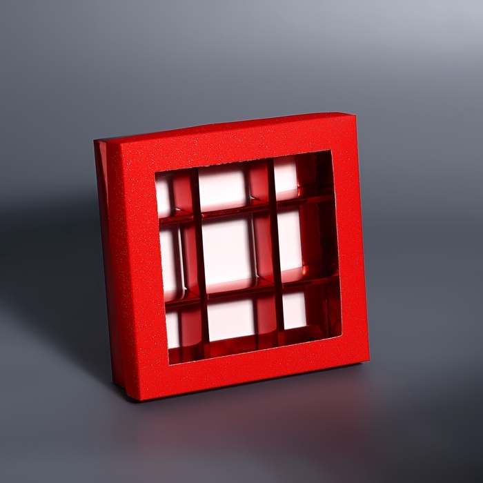 Коробка для 9 конфет красный глиттер, 12,5 х 12,5 х 4 см. Кондитерская упаковка Коробка для 9 конфет красный глиттер, 12,5 х 12,5 х 4 см. Кондитерская упаковка