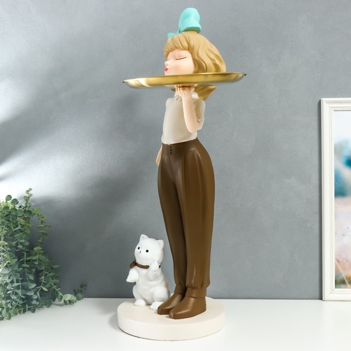 Сувенир полистоун подставка  Сувенир полистоун подставка "Девочка с голубым бантом и кошечкой" d=26 см 76х27х35 см