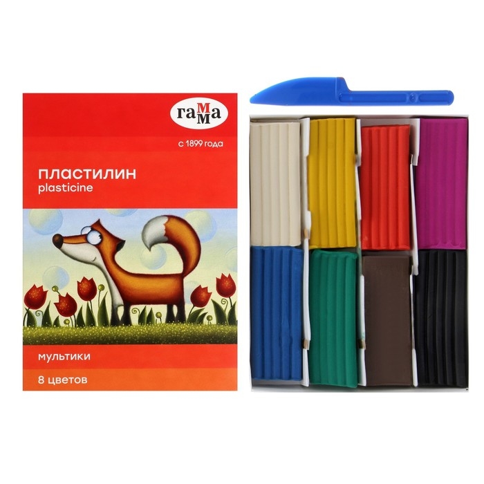 Пластилин 8 цветов 160 г, Пластилин 8 цветов 160 г, "Гамма" "Мультики", со стеком