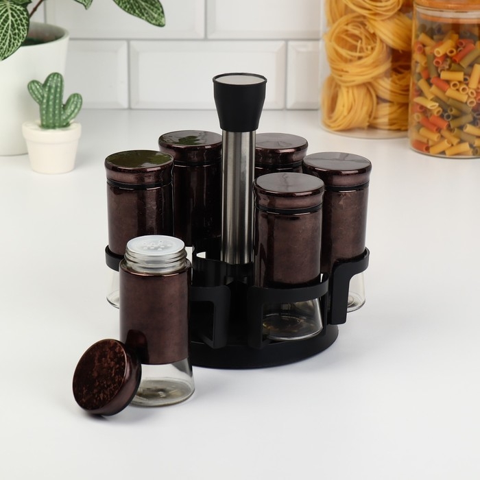 Набор стеклянных ёмкостей для специй на металлической подставке «Богема», 5,5×11 см, 6 шт, цвет коричневый Набор стеклянных ёмкостей для специй на металлической подставке «Богема», 5,5×11 см, 6 шт, цвет коричневый