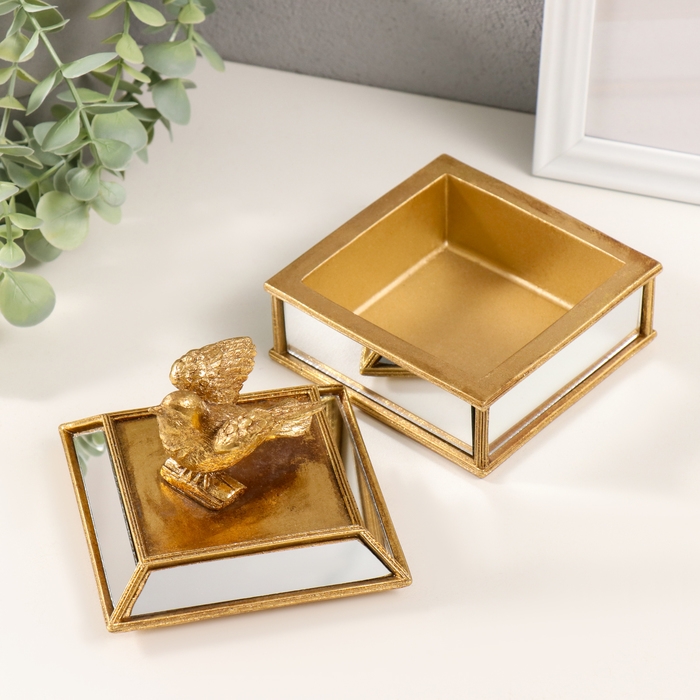 Шкатулка полистоун, зеркало  Шкатулка полистоун, зеркало "Золотая птичка" 10,5х10,5х10 см