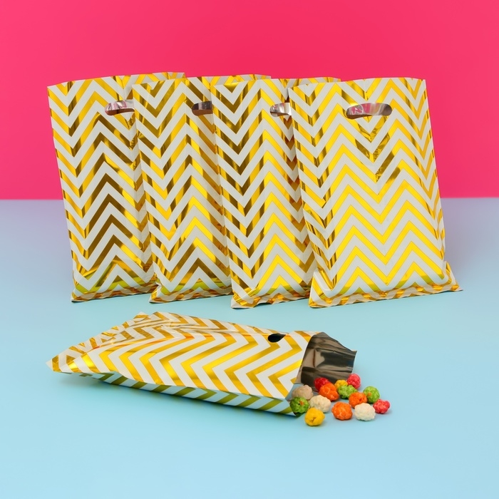 Набор подарочных пакетов, металлизированныей, Набор подарочных пакетов, металлизированныей, "Зиг-заг" золотой 17х25 см , 20 микрон 10 шт набор