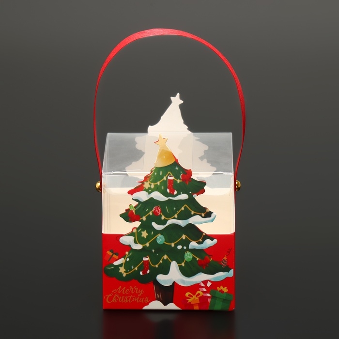 Новый год. Коробка подарочная новогодняя складная ПВХ с ручками, Новый год. Коробка подарочная новогодняя складная ПВХ с ручками, "Заснеженная Ёлка", 9 х 9 х 9,5 см.