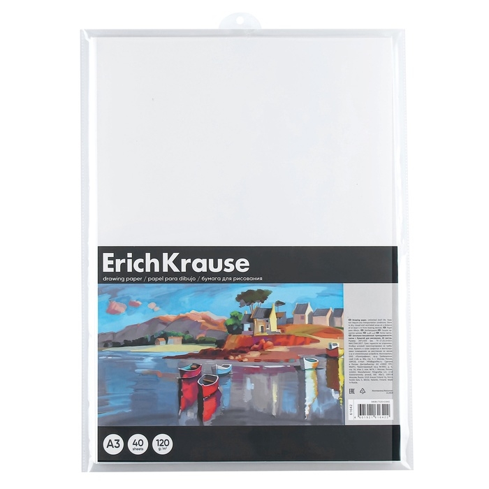 Бумага для рисования А3, 40 листов, блок 120 г/м², ErichKrause Бумага для рисования А3, 40 листов, блок 120 г/м², ErichKrause "Art Spirit", 100% белизна, в пластиковой папке