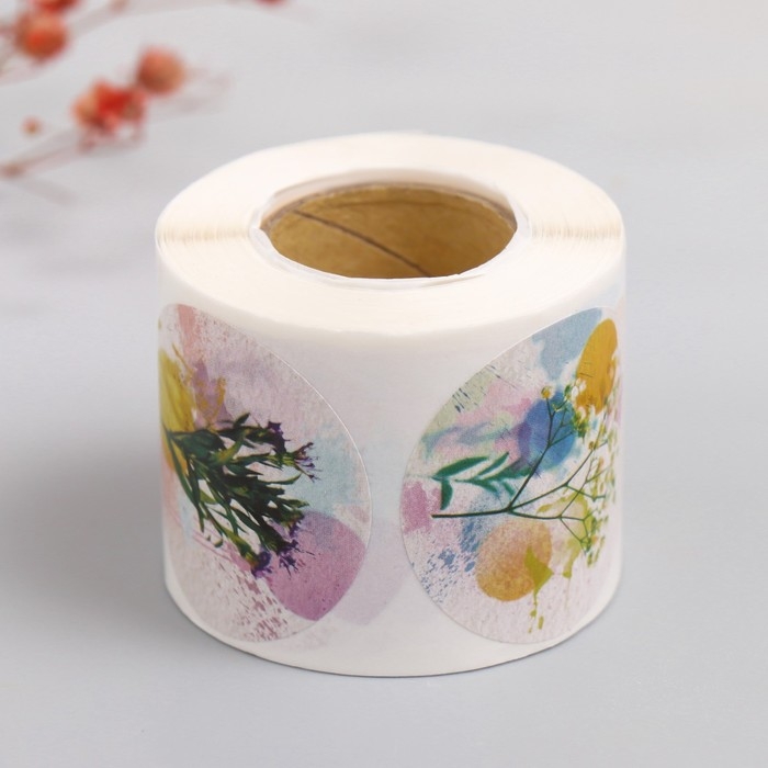 Наклейка бумага Наклейка бумага "Цветочная акварель" d=3,8 см 252 шт в рулоне