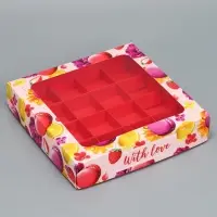 Коробка для конфет, кондитерская упаковка, 16 ячеек With love, 18.9&times;18.9&times;3.8 см