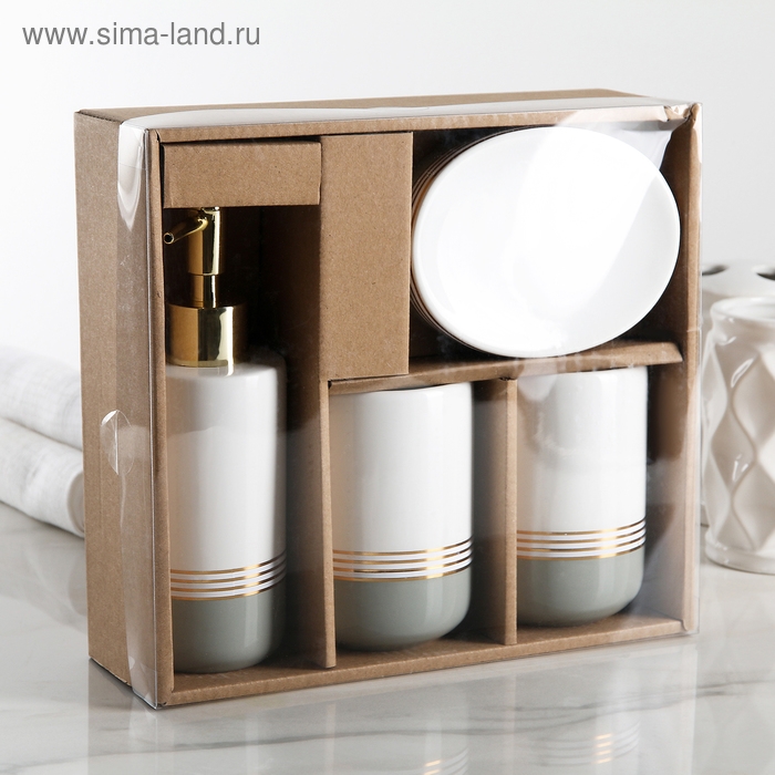 Набор аксессуаров для ванной комнаты «Лили», 4 предмета (дозатор 300 мл, мыльница, 2 стакана), цвет бело-серый Набор аксессуаров для ванной комнаты «Лили», 4 предмета (дозатор 300 мл, мыльница, 2 стакана), цвет бело-серый