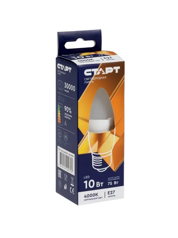 Лампа светодиодная СТАРТ, 10 Вт, Е27, С37, 4000К, 800 Лм, свечение нейтральное белое