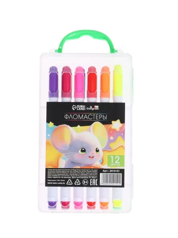 Фломастеры 12 цветов &laquo;Мышка&raquo;, в пластиковом пенале с ручкой, вентилируемый колпачок, МИКС