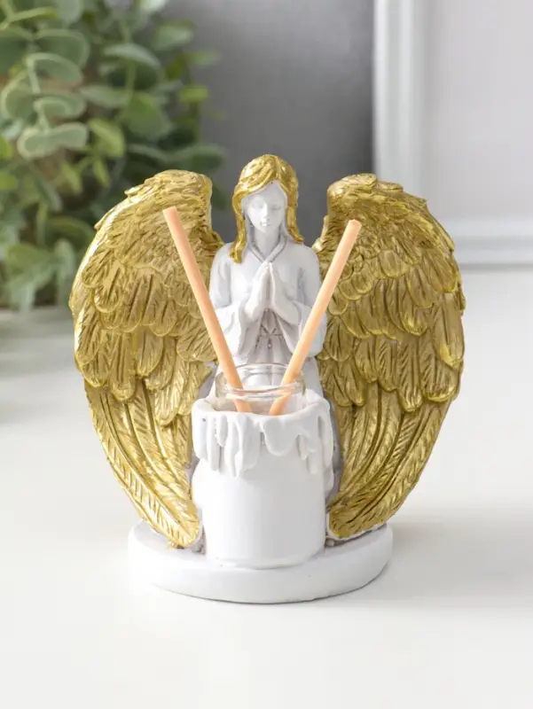 Аромадиффузор полистоун с палочками "Ангел со свечой" белый с золотом 7,5х12х11 см