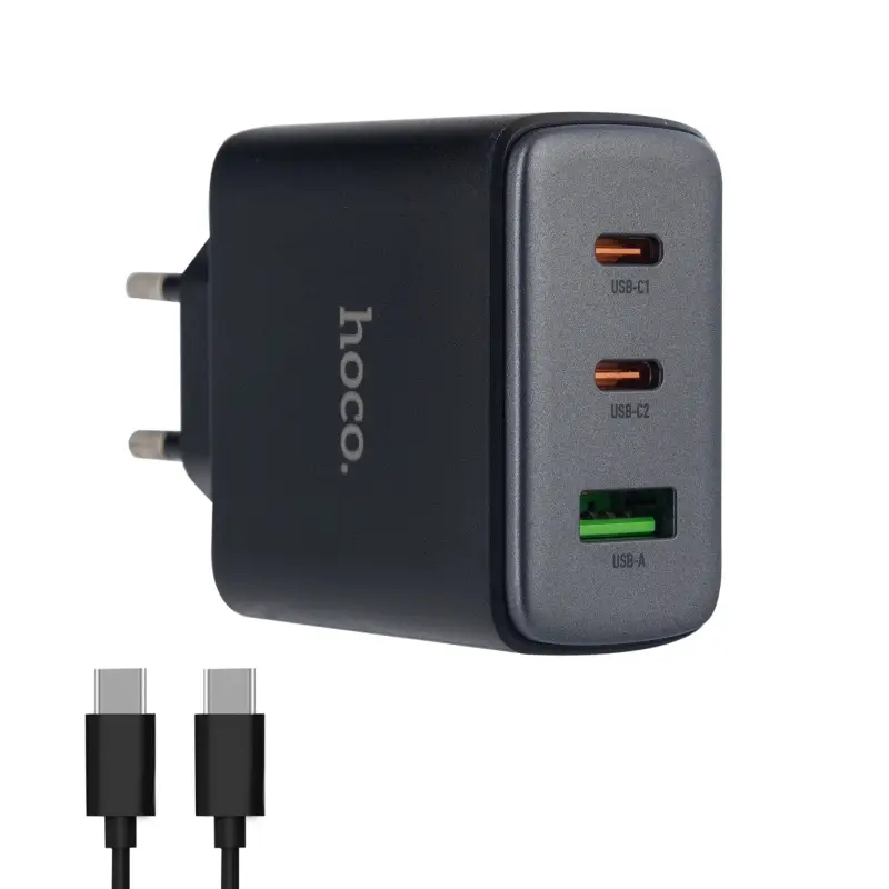 Сетевое зарядное устройство с кабелем Type-C на Type-C на 2 PD65W + USB QC3.0 C160A  HOCO черное