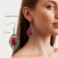 Серьги висячие со стразами &laquo;Ажурный овал&raquo;, красные в чернёном серебре