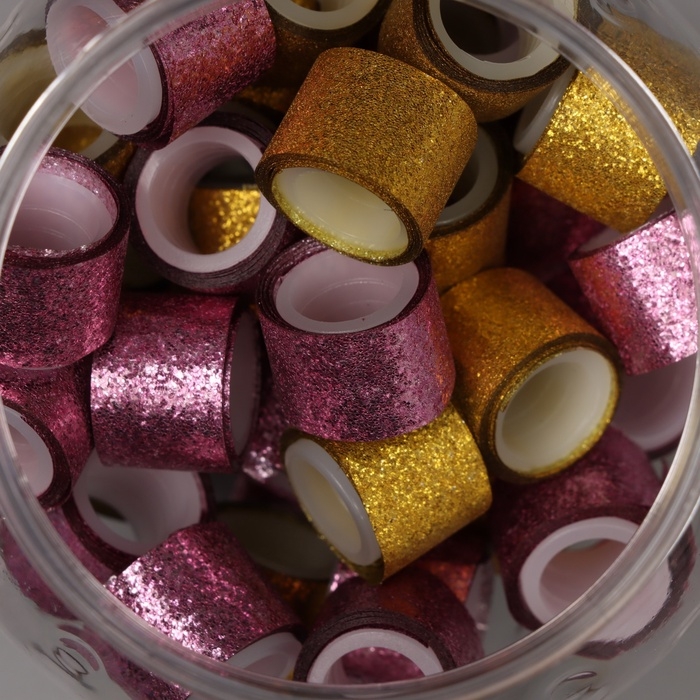 Клейкая лента пластик в банке  Клейкая лента пластик в банке "Шайн. Золото и розовый" н-р 40 шт 1,2 см, дл.0,9 м 7х7х9 см