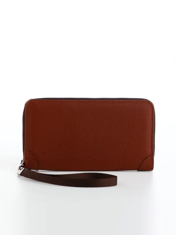 Портмоне мужское на молнии, 3 отделения, искусственная кожа, с ручкой, коричневое