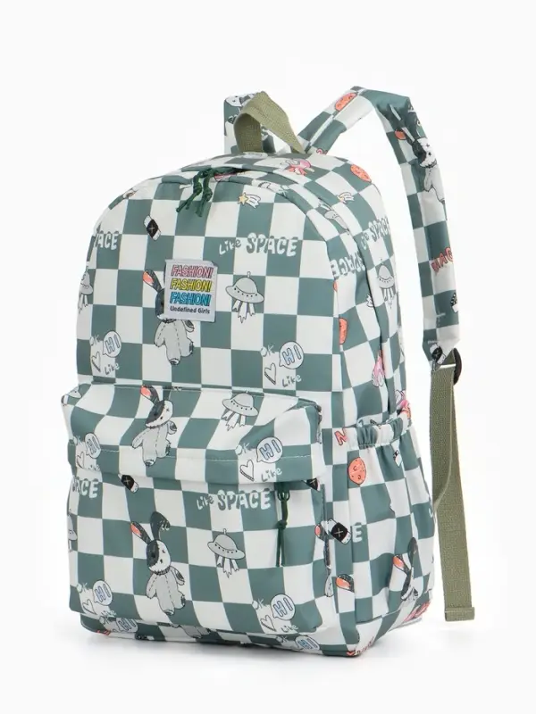 Рюкзак школьный на молнии, с карманами, в клетку, 28&times;11.5&times;40 см, зелёный