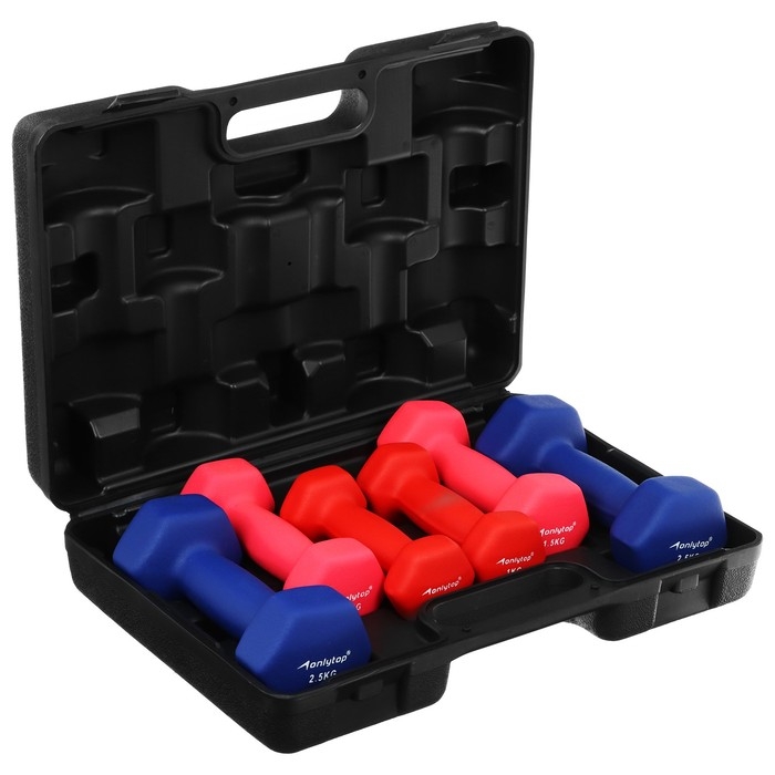 Набор гантелей неопреновых ONLYTOP 10 кг: 1 кг х 2 шт., 1,5 кг х 2 шт., 2,5 кг х 2 шт. Набор гантелей неопреновых ONLYTOP 10 кг: 1 кг х 2 шт., 1,5 кг х 2 шт., 2,5 кг х 2 шт.