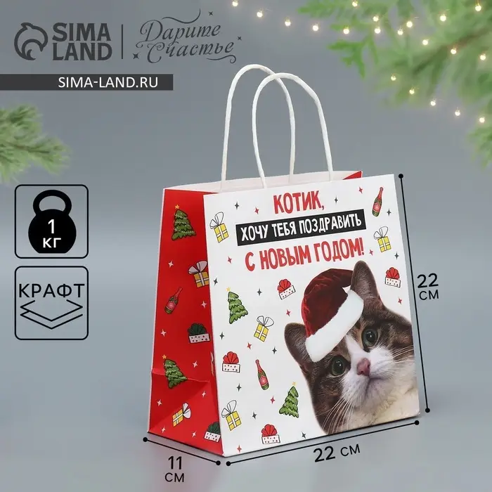 Пакет подарочный новогодний крафтовый &laquo;Котик&raquo;, 22&times;22&times;11 см
