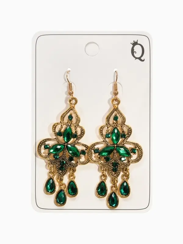 Серьги висячие со стразами &laquo;Восток&raquo;, трилистник, зелёные в чернёном золоте, 8 см