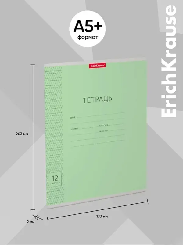 Тетрадь 12 листов в частую косую линейку, ErichKrause &laquo;Классика&raquo;, обложка мелованный картон, зелёная