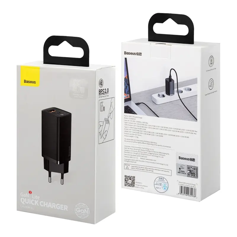 Переходник СЗУ на USB + Type-C 65W CCGAN2L-B01 Baseus черный Переходник СЗУ на USB + Type-C 65W CCGAN2L-B01 Baseus черный