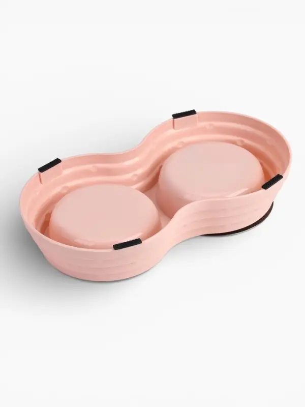 Миска двойная, 25&times;14&times;5 см, на пластиковом основании, металл, розовая