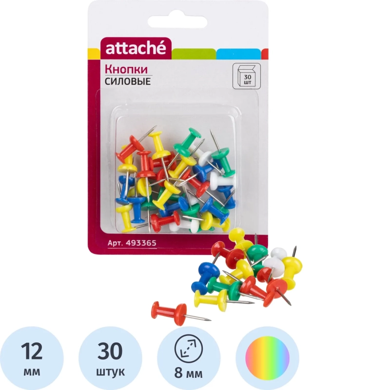 Кнопки силовые д/пробковых досок ATTACHE,пластик,ассорти,европодвес,30шт/уп