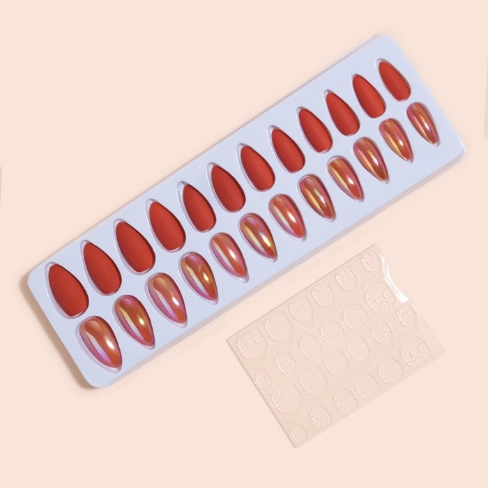 Накладные ногти, 24 шт, с клеевыми пластинами, форма миндаль, матовый/голография, цвет коралловый Накладные ногти, 24 шт, с клеевыми пластинами, форма миндаль, матовый/голография, цвет коралловый