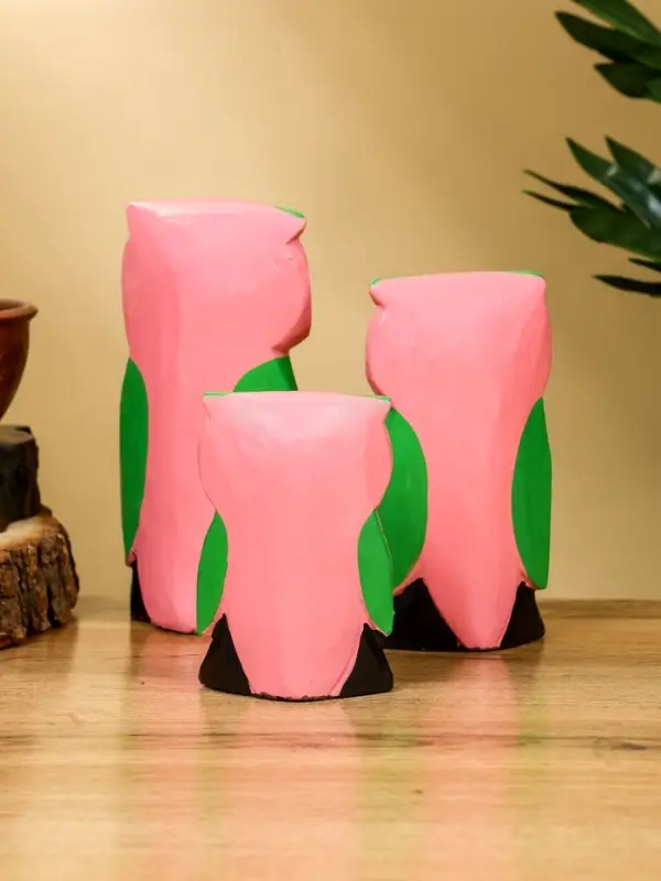 Набор сувенирный «Совята с сердечком», h=15 см, h=13 см, h=10 см, дерево, розово-зелёный