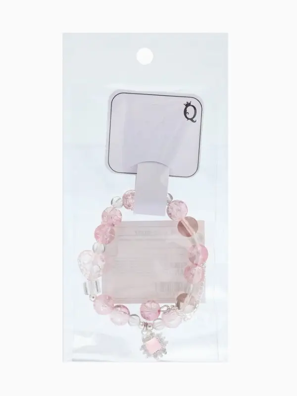 Браслет с подвесками "Сахарный" ромб, сердечко, шар №10, цвет бело-розовый в серебре