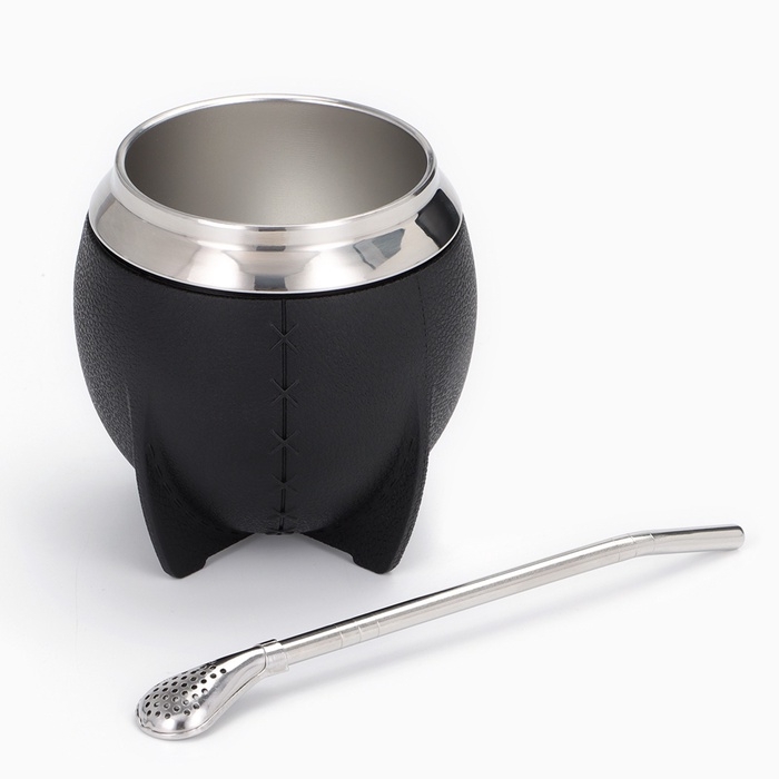 Калабас для чая Мате 250 мл и бомбилья, набор для приготовления, черный Калабас для чая Мате 250 мл и бомбилья, набор для приготовления, черный