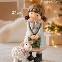Фигура световая &laquo;Девочка с барашком, новогодним венком&raquo;, 27 см, декоративная, полистоун, 2хААА, 16.5&times;10&times;27 см