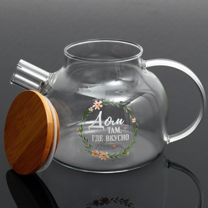 Чайник стеклянный заварочный с бамбуковой крышкой «Дом», 1000 мл Чайник стеклянный заварочный с бамбуковой крышкой «Дом», 1000 мл