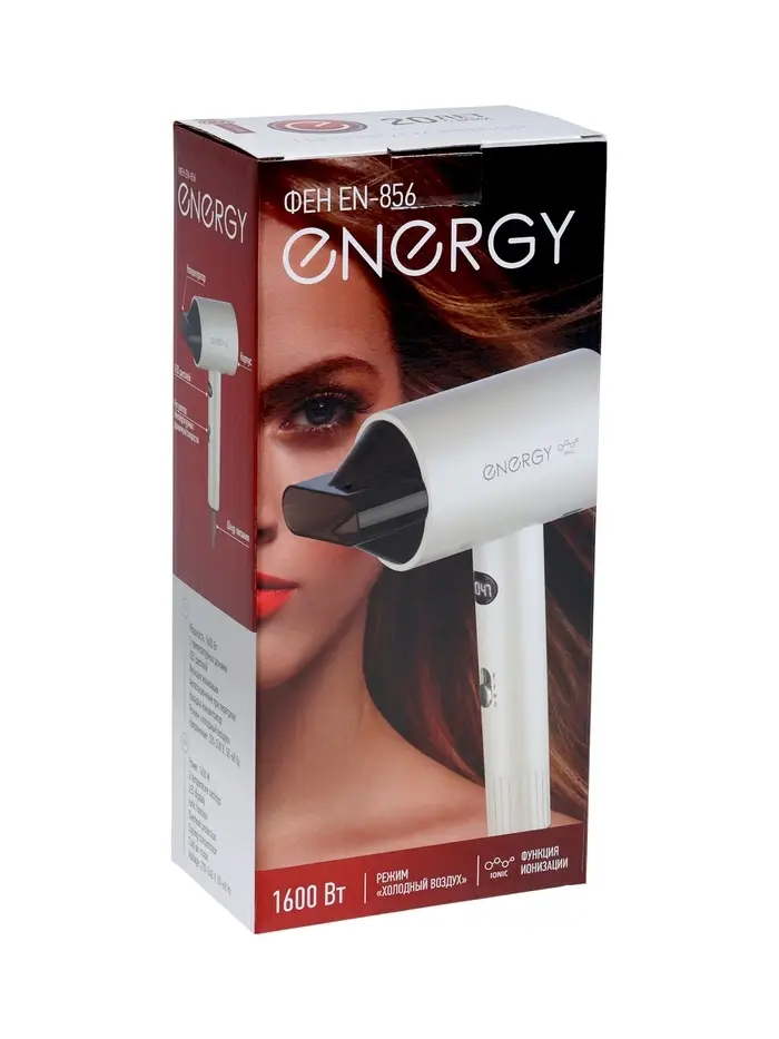 Фен Energy EN-856, 1600 Вт, 2 скорости, 3 температурных режима, ионизация, дисплей, белый Фен Energy EN-856, 1600 Вт, 2 скорости, 3 температурных режима, ионизация, дисплей, белый