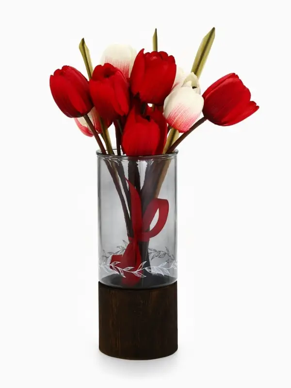 Ваза для цветов с деревянной подставкой из темного стекла, 25.5&times;10 см, 1.25 литра