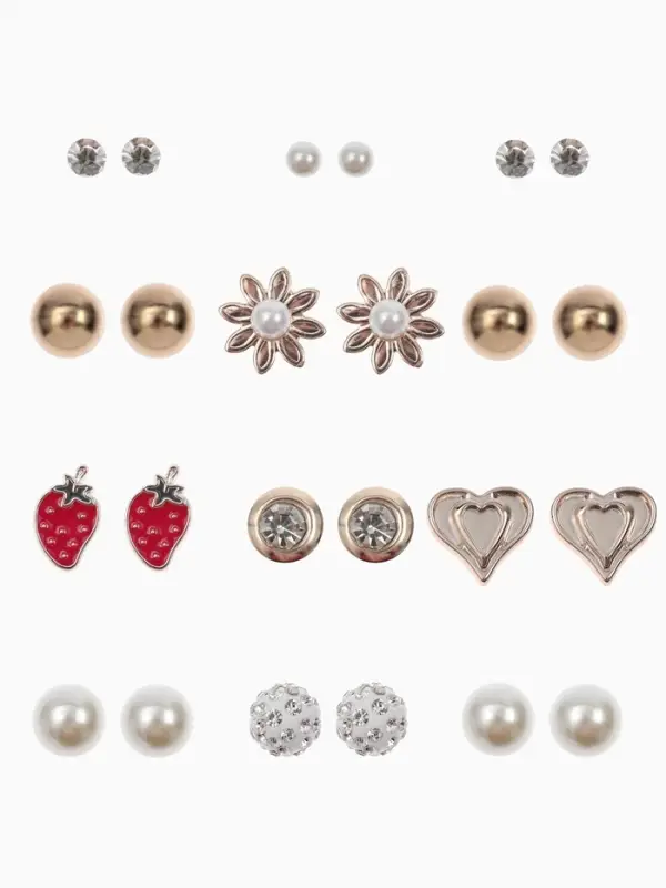 Серьги пусеты One year, 12 пар беззаботность, бело-красные в золоте