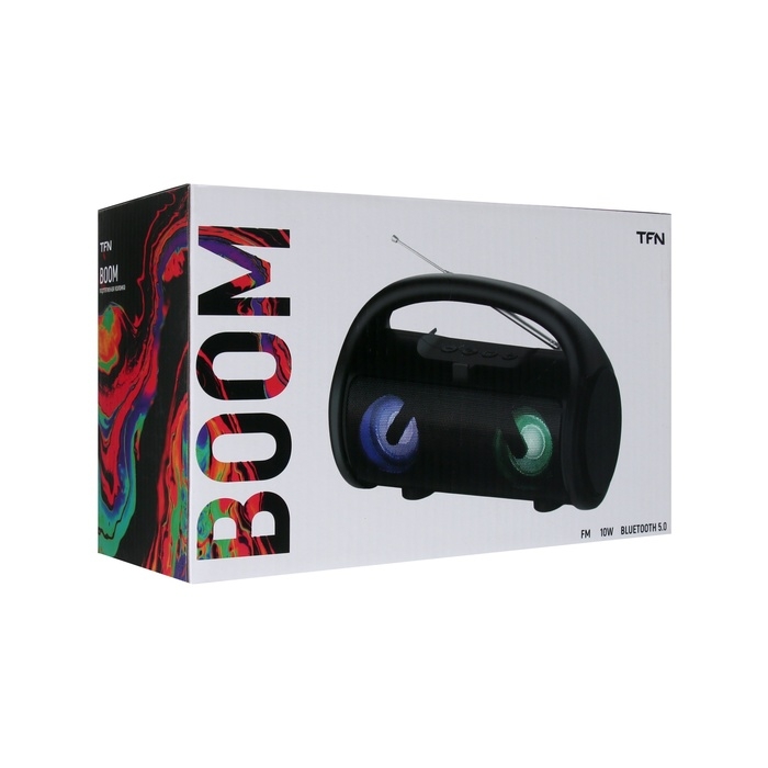 Портативная колонка Boom, 10 Вт, 1200 мАч, BT, FM, подсветка, черная Портативная колонка Boom, 10 Вт, 1200 мАч, BT, FM, подсветка, черная