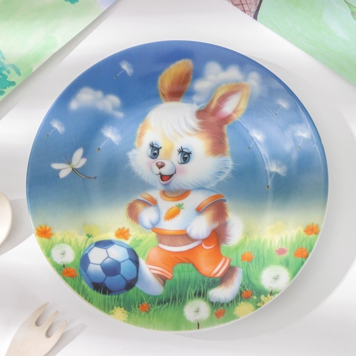 Набор детской посуды Доляна «Заяц футболист», 3 предмета: кружка 230 мл, миска 400 мл, тарелка d=18 см Набор детской посуды Доляна «Заяц футболист», 3 предмета: кружка 230 мл, миска 400 мл, тарелка d=18 см