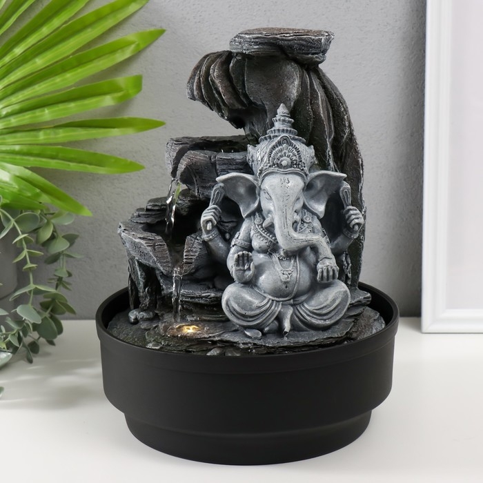 Фонтан настольный от сети, подсветка Фонтан настольный от сети, подсветка "Серый Ганеша в каменном гроте" 21х21х28 см
