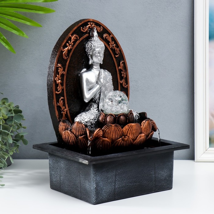 Фонтан настольный от сети, подсветка Фонтан настольный от сети, подсветка "Будда в арке у лотоса" серебро 35х25х20 см