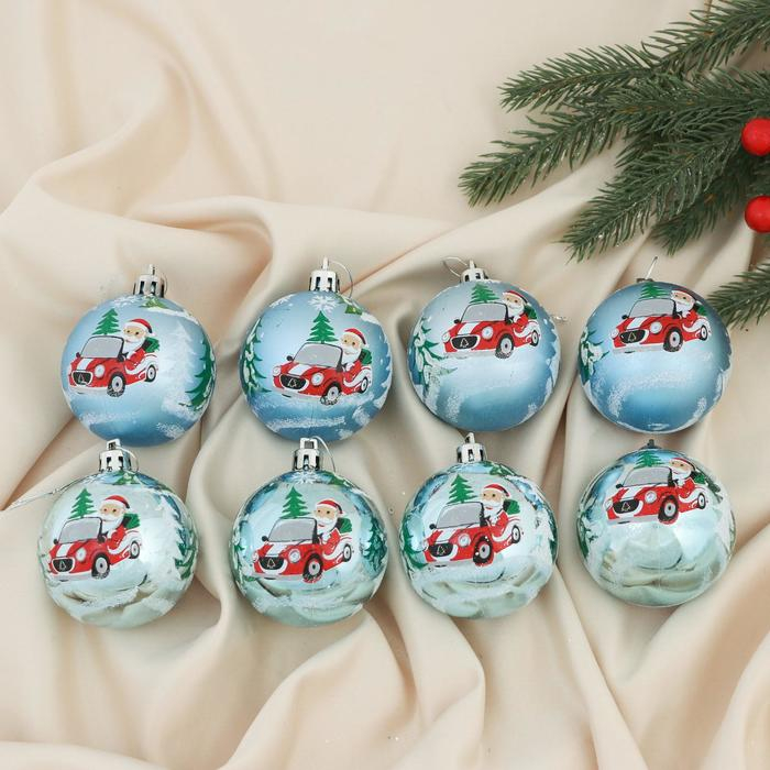 Набор шаров пластик d-6 см, 8 шт Набор шаров пластик d-6 см, 8 шт "Дед Мороз на автомобиле" голубой