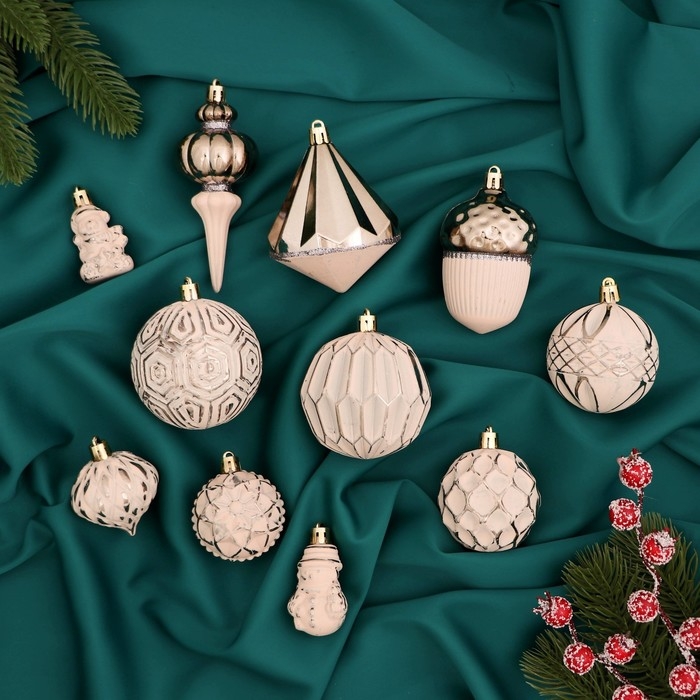 Ёлочные игрушки, пластик, набор 11 шт «Киссин» серебристо-белый Ёлочные игрушки, пластик, набор 11 шт «Киссин» серебристо-белый