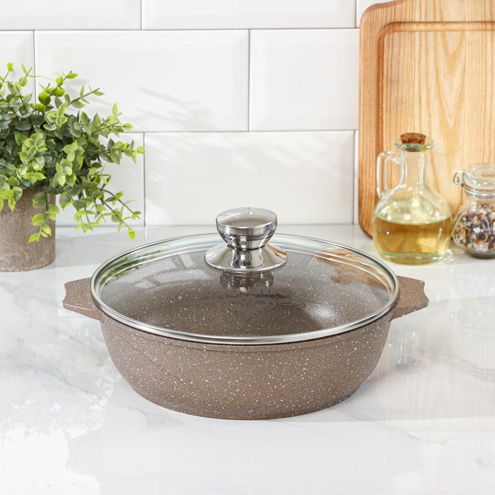 Жаровня «Гранит Brown», 2,4 л, d=26 см, стеклянная крышка, антипригарное покрытие, цвет коричневый Жаровня «Гранит Brown», 2,4 л, d=26 см, стеклянная крышка, антипригарное покрытие, цвет коричневый