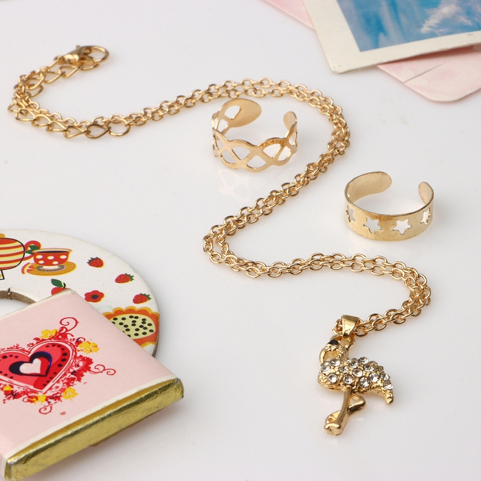 Набор детский «Выбражулька» 3 предмета: кулон 40 см, 2 кольца, фламинго, цвет белый в золоте Набор детский «Выбражулька» 3 предмета: кулон 40 см, 2 кольца, фламинго, цвет белый в золоте