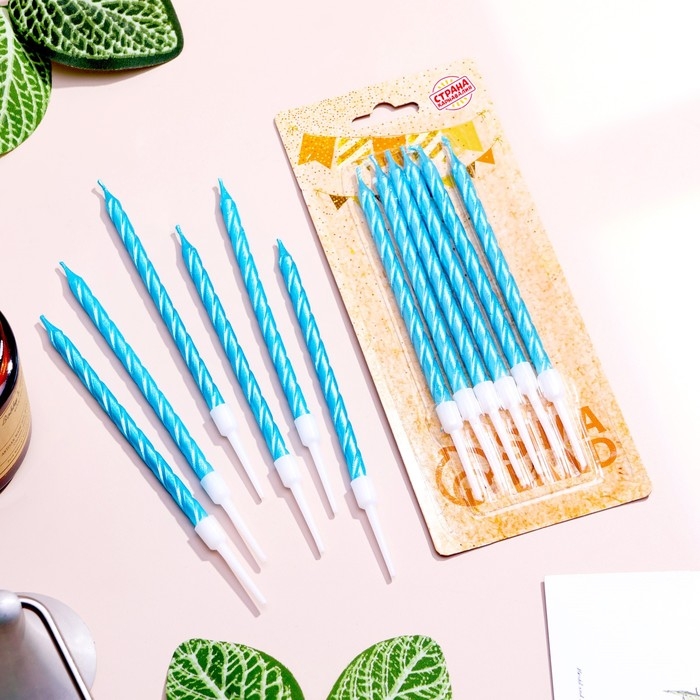 Свечи в торт витые с подставкой, 6 шт, 11 см, небесно-голубой Свечи в торт витые с подставкой, 6 шт, 11 см, небесно-голубой