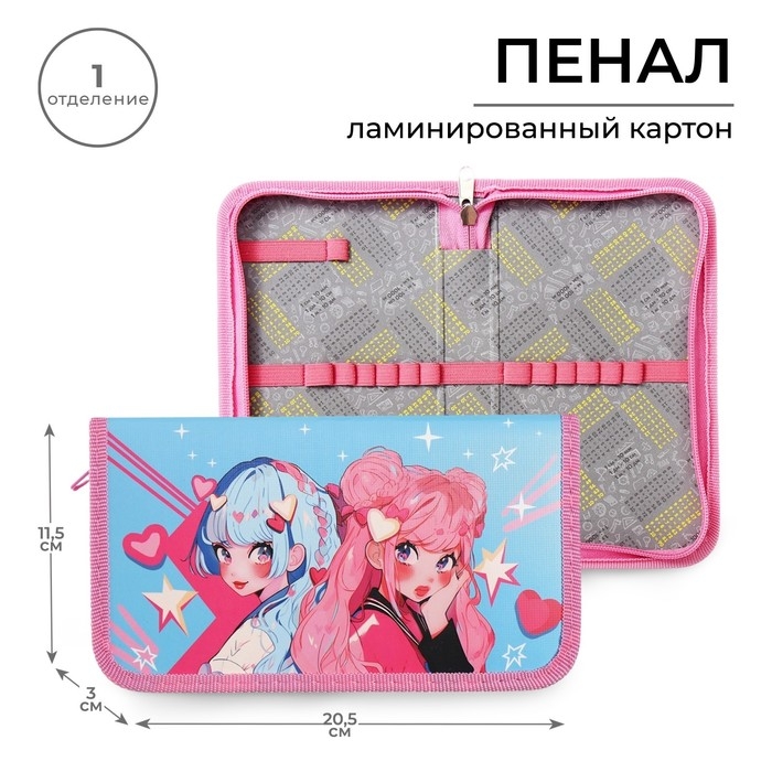 Пенал 1 секция 115 х 205 х 30 мм, Calligrata  Пенал 1 секция 115 х 205 х 30 мм, Calligrata "Аниме подружки", ламинированный картон