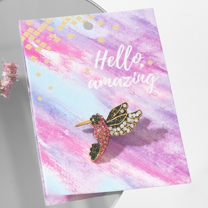 Брошь «Птичка» колибри, цвет малиново-зелёный в чернёном золоте Брошь «Птичка» колибри, цвет малиново-зелёный в чернёном золоте